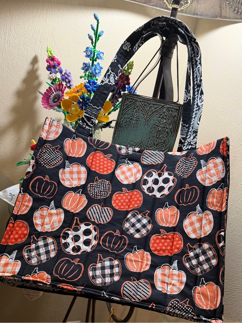 Hand Crafted Black Tote with Orange Pumpkin Motif
